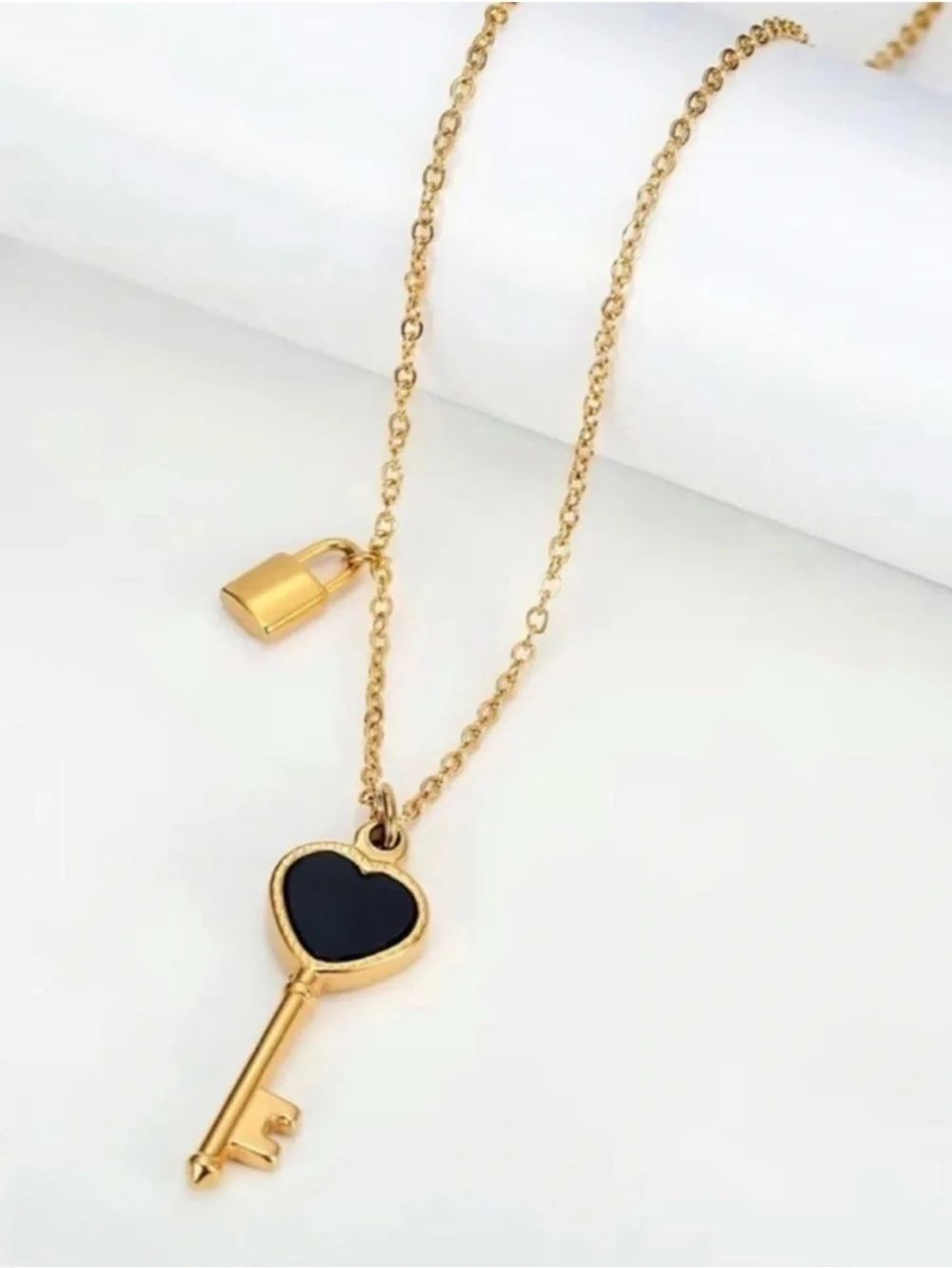 18K Plated Gold a black heart-shaped key With small lock charm pendant necklace